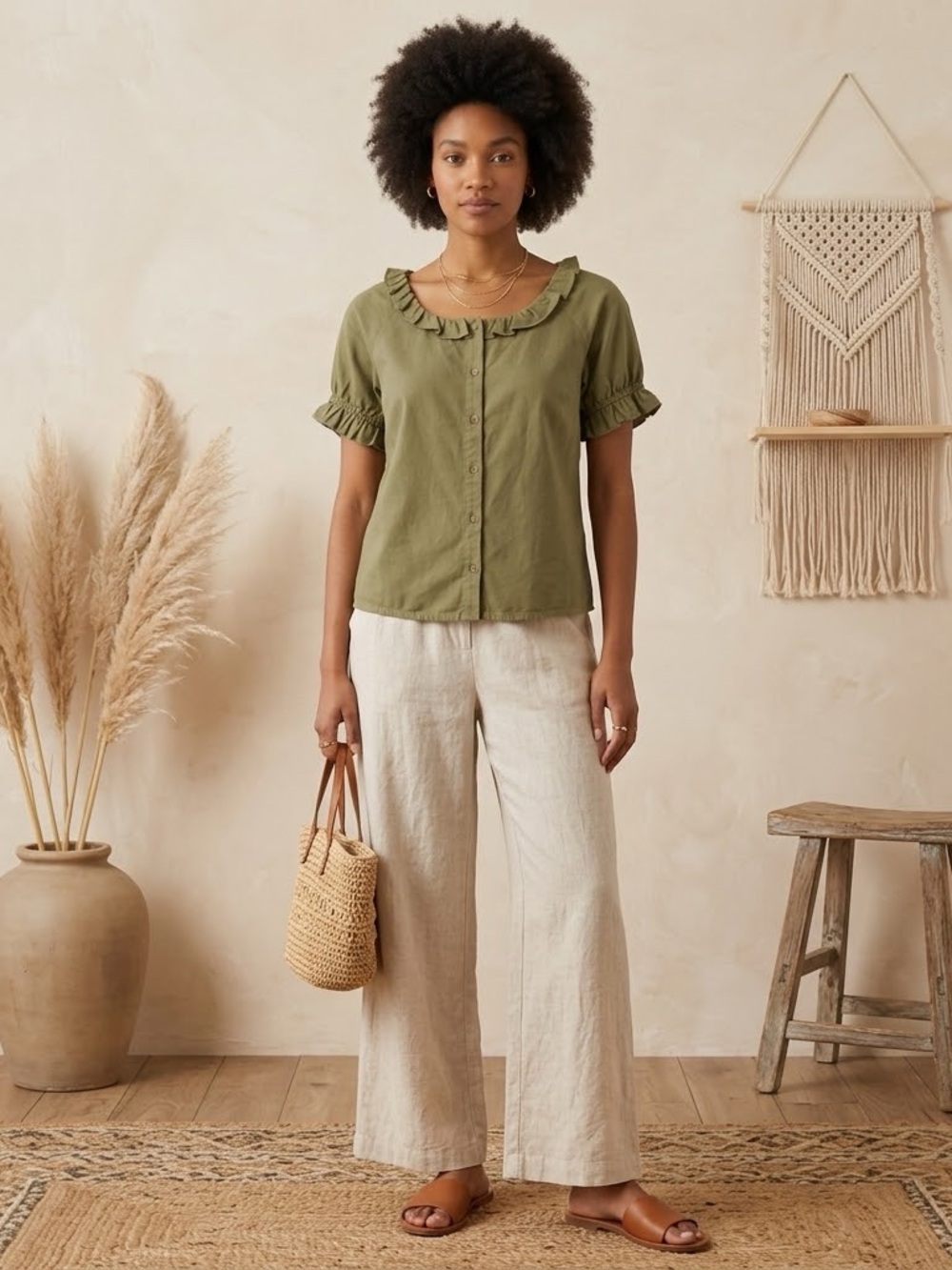 Böhme Linen Blend Ruffle Neckline Short Sleeve Button Down Top Sage Green Large